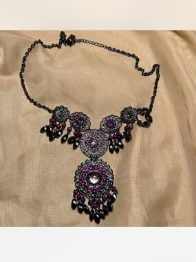 Women's Black Filigree Statement Necklace with Purple Accents